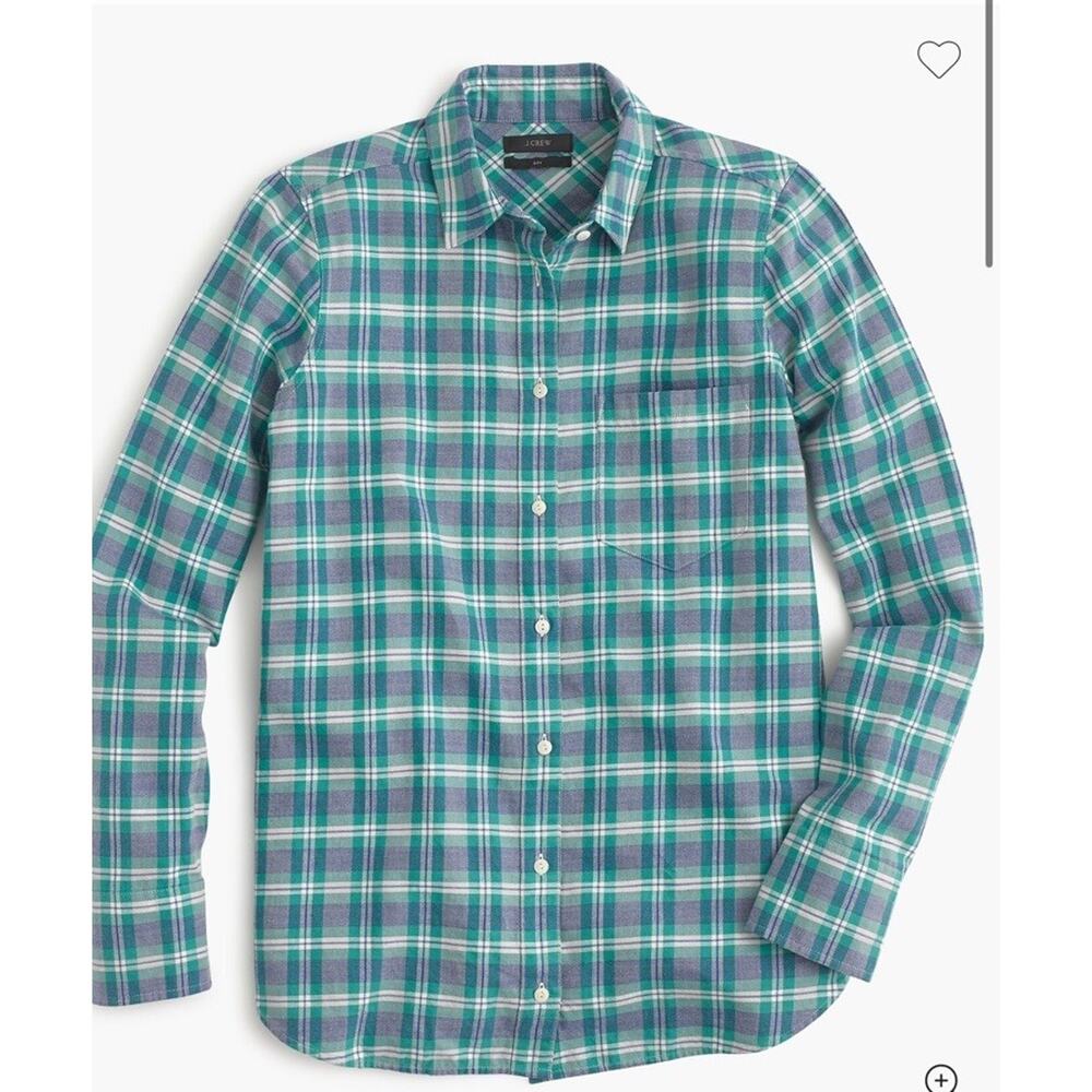 J. Crew Womens Plaid 00 Blue Green Plaid Button Up Boy Shirt Long Sleeve Cotton
